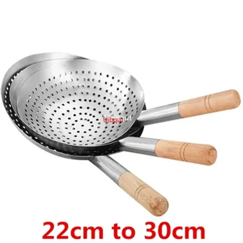 Mawr Mawr Trwchus Dur Di-staen Rhwyll Hidlydd Colander wok pren Trin Offer Coginio Olew Blawd Sifter Colander Cegin Coginio wok