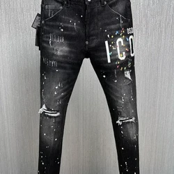 ICON BRAND D2 Fir Jeans Pants Denim Poll Bríste peann luaidhe caol Cnaipí Miotail Clasaiceach Cóisir Dubh faiseanta DSQ JENAS 9881