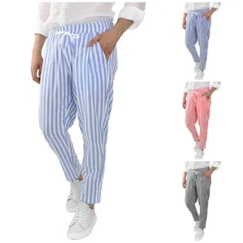 Celana Kasual Pria Bergaris Katun Linen Celana Pensil Celana Panjang Musim Semi Musim Gugur Pria Longgar Bernapas Celana Kaki Plus Ukuran