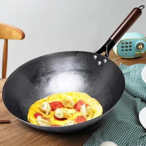 Tradisyunal na Intsik sa Sambahayan Iron Wok, Hand Forging Iron Pan Handle na Kahoy Purong Bakal Walang Patong Non-stick Wok Pot Gas Cooker