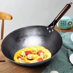 Chinese Traditional Household Iron Wok,Hand Forging Iron Pan Wooden Handle Pure Iron No Coating Non-stick Wok Pot Gas Cooker