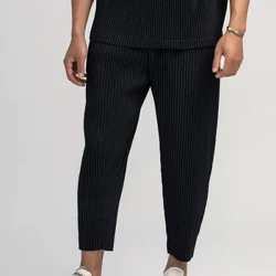 Miyake Pleated Straight Pants Dynion Dillad Pensil Du Pants Cnydio Stryd Gwisgo Dynion Arddull Japaneaidd Pants Hyd Ffêr
