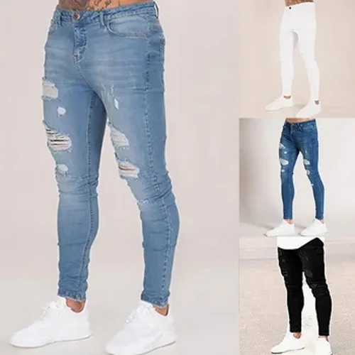 Pantalones pitillo 2024, pantalones de chándal elásticos para hombre, pantalones harén de mezclilla rasgados lisos, pantalones vaqueros desgastados informales en negro, azul y blanco