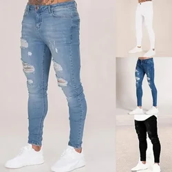 2024 Quần Bút Chì Co Giãn Dài Thấm Hút Mồ Hôi Cho Nam Phù Hợp Với Chắc Chắn Rách Denim Hậu Cung Quần Âu Đen Xanh Trắng Phá Hủy Quần