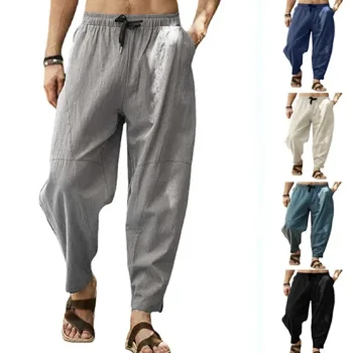 Pants Lliain Cotwm Dynion Gwryw Hydref Newydd Anadlu Lliw Solet Trowsus Lliain Pants Poced Pensil Ffitrwydd M-5XL YLX061