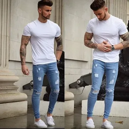 Erkekler Streetokary köçedäki ajaýyp ýyrtyk derisi galam jeans Erkekler gaty reňkli inçe deşikler pleönekeý stil tötänleýin denim balaklary