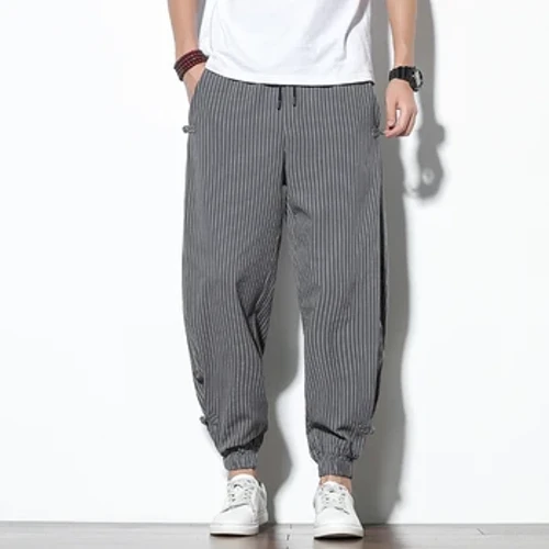 Pantalones bombachos a rayas con hebilla de disco para hombre de las cuatro estaciones, pantalones pitillo de lino y algodón transpirables, pantalones bombachos informales con hebilla, pantalones de moda
