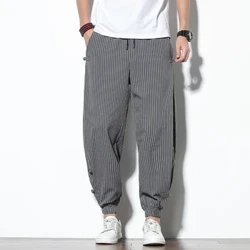 Quatre saisons hommes disque boucle rayé sarouel respirant coton lin crayon pantalon boucle décontracté Bloomers mode pantalon