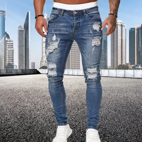 Moda estilo de rua rasgado jeans magros homens vintage lavagem sólida denim calças dos homens casual fino ajuste lápis calças jeans venda quente