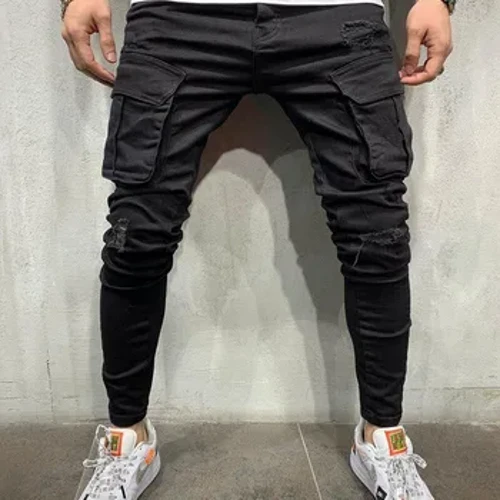 Muške rastezljive uske poderane traperice s više džepova Muške slim Fit Jogger pantalone 2021 Modne traperice trenirke Hip hop pantalone