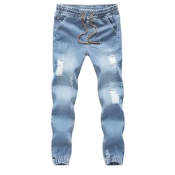 Fir Faisean Jeans Drawstring Caol Fit Denim Fad Rúitín Pants Ócáideacha Sracadh Geansaí tanaí Denim bríste peann luaidhe pants штаны