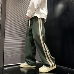 Side Striped Corduroy Wide-Leg Pant Men 2023 Korean Fashion Hip Hop Cargo Pant Loose Casual Straight Sports Panlabas na Running Pant