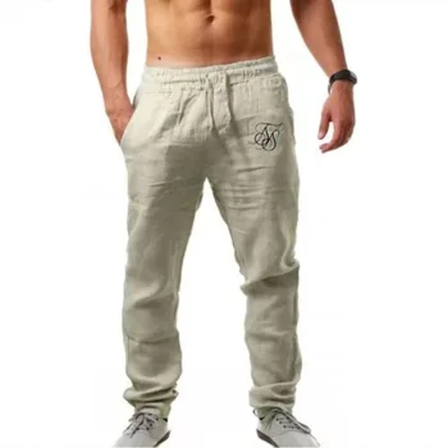 Pants chwaraeon cotwm a lliain hip-hop dynion, lliw solet ffasiynol a ffasiynol pants achlysurol syml a denau