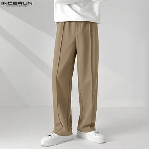 Pants Achlysurol Dynion INCERUN Locwyr Lliw Solid Gwasg Elastig Rhydd Trowsus Syth Dynion Dillad Stryd 2024 Ffasiwn Pants Hir Corea