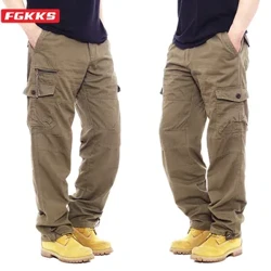 FGKKS Heren Multi-pocket cargobroek Rits Puur katoen Rechte pijpbroek Losse casual effen kleur constructiebroek