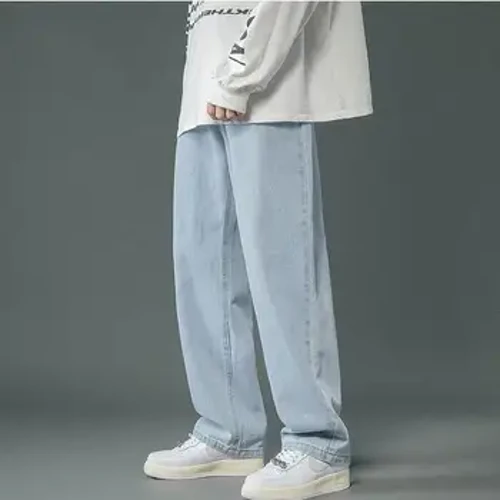 Retro jeans, erkekleriň gaty reňki, moda we ýumşak laýyk giň aýak göni aýak balaklary