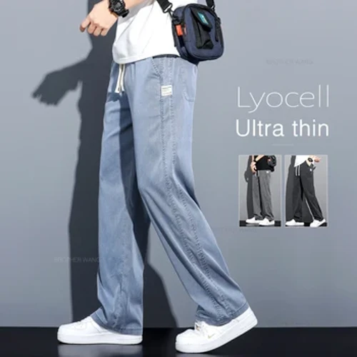 Mùa Hè 2024 Mới Mềm Mại Vải Lyocell Quần Jean Nam Mỏng Rời Thẳng Quần Dây Rút Lưng Thun Hàn Quốc Quần Tây