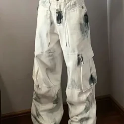 Amerikan tarzı modaya uygun ve kişiselleştirilmiş batik boyalı erkek ve kadın iş pantolonu hip-hop yüksek sokak retro düz bacak geniş bacak kot