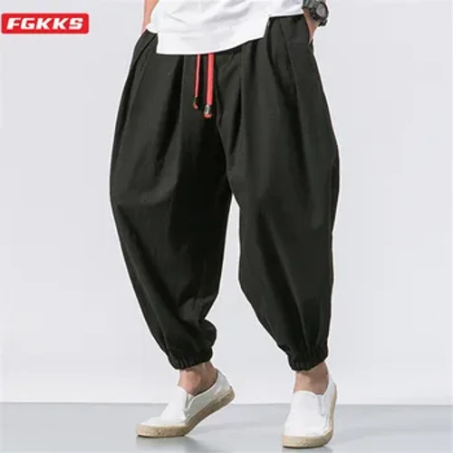 FGKKS Mới Oversize Nam Rời Hậu Cung Quần Mùa Thu Trung Quốc Lanh Thừa Cân Dài Thấm Hút Mồ Hôi Cho Chất Lượng Cao Cổ Thương Hiệu Quần Nam