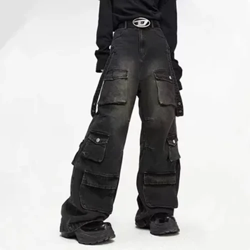 2024 Y2K Streetwear Lluosog Pocedi Cargo Baggy Jeans Pants i Ddynion Dillad Vintage Rhydd Merched Trowsus Denim Pantalon Homme
