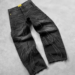 Y2k Retro Black Baggy Jeans mo Tamaloloa Hip Hop Punk Raw Edge Su'i Jeans Vaitau Ma'a Patchwork Puimanava Maualuga ofuvae Denim
