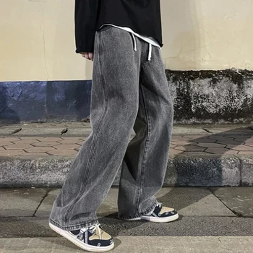 Koreaanse mode baggy jeans voor heren, elastische taille, klassieke olide kleur, denim met rechte pijpen, wijde pijpen, heren, lichtblauw, grijs, zwart