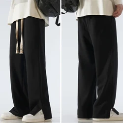 Men's Pants Wide Leg Cotton Fabric Straight Loose Outdoor Solid Color Neutral Split Sweatpants High-quality Soft Baggy Trousers