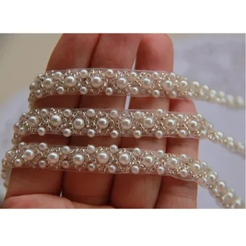 2Yards Pearl Beaded Lace Nquma Mesh Ileyisi Iribhoni Indwangu Izingubo Zokuhlobisa Ingubo Yomshado Ikhola Yesikhono Seleyisi Esisetshenziswa Ubuciko be-DIY