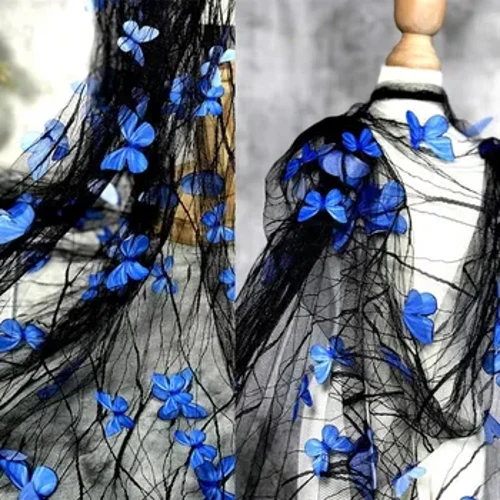 Svart gjennomsiktig blå 3D sommerfuglblomst blonder mesh stoff gjennomsiktig brudekjole designer stoff