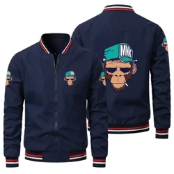 Jachetă de aviator pentru bărbați cu gât rotund de toamnă Jachetă cu filet cu model imprimat de maimuță Îmbrăcăminte de călărie de stradă Jachetă de motociclist oversize