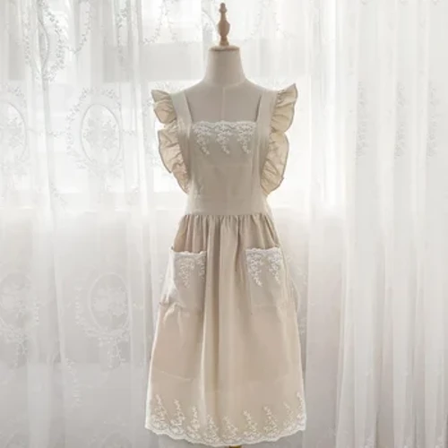 Yuvilgan paxta zig'ir to'rli oshxona fartuklari gul do'koni bog 'roffles ish toza apron ayollar liboslari uchun
