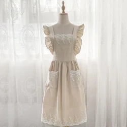 Gewäsch Koteng Linnen Spëtzekleeder Kichen Schürze Blummenbuttek Gaart Ruffles Aarbecht propper Schürze fir Fra Kleed
