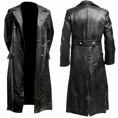 TRENCH IN PELLE NERA DA UFFICIALE UNIFORME MILITARE CLASSICA TEDESCO DELLA SECONDA GUERRA MONDIALE