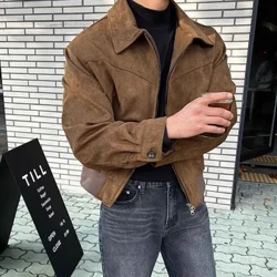 Panlalaking Bomber Jacket Turn-down Collar Spring Retro Patchwork Zipper Pocket Maikling coat Overcoat Streetwear Panlalaki Leather Jackets