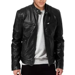 Moda masculina gola emagrecimento jaqueta de couro com zíper bolso decorativo couro do plutônio casaco da motocicleta
