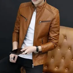 Jaqueta masculina de couro falso, forro de lã, jaqueta masculina com gola alta, elegante, plissada para outono/inverno