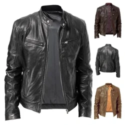 Gwanwyn Men's Stand-up Coler Siaced Lledr fain Siaced Zipper Poced Addurnol PU Côt Beiciwr Dynion Dillad Achlysurol Gwryw
