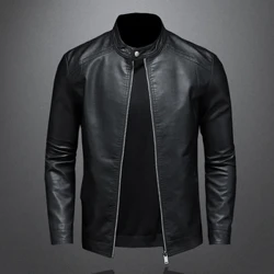 Gwanwyn Hydref Leather Siaced Dynion Sefyll Coler Slim Pu Leather Siaced Ffasiwn Beic Modur Achos Côt Dynion Moto Biker Côt Lledr