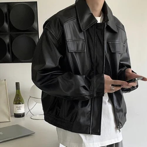 Uigeacht Ócáideach na bhFear Jacket Leathar PU PU Zippers Ard-Sráid Collar Cóta Retro Muinchille Fada Le Póca Fómhar 2024 Nua