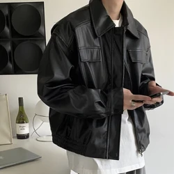 Pria Tekstur Kasual Jaket Kulit PU High Street Ritsleting Kerah Turn-Down Lengan Panjang Mantel Retro dengan Saku Musim Gugur 2024 Baru