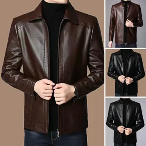 Giacca da uomo in ecopelle Giacca da moto da uomo in ecopelle con colletto rialzato, fodera spessa e calda, design antivento per l'autunno