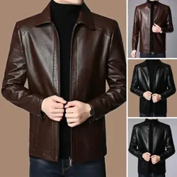 Jaket Kulit Imitasi Pria Jaket Motor Kulit Imitasi Pria dengan Kerah Berdiri Tebal Lapisan Hangat Desain Tahan Angin kanggo Musim Gugur