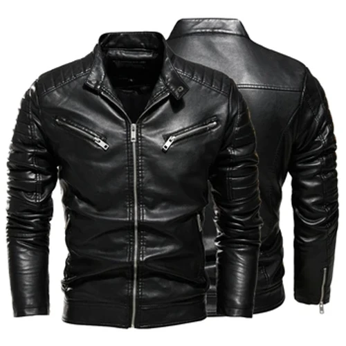 Pria Bulu Dilapisi Jaket Motor Hangat Slim Street Fashion Ireng Biker Mantel Desain Lipit Zipper 2024 Musim Dingin Jaket Kulit Ireng