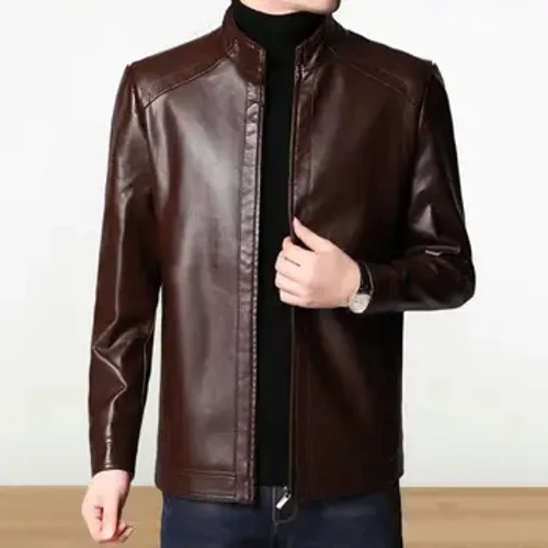 Jaket Kulit Imitasi Pria Bergaya Pria Kulit Imitasi Jaket Motor dengan Kerah Berdiri Tebal Hangat Tahan Angin untuk Musim Gugur
