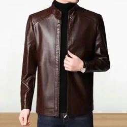 Men Faux Leather Jacket Stylish Men's Faux Leather Motorcycle Jacket with Stand Collar Thick Warmth Windproof for Autumn