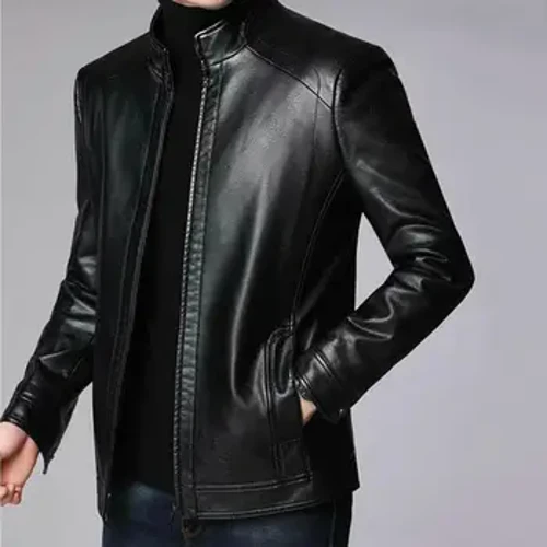 Jaket Kulit Imitasi Pria Bergaya Jaket Motor Kulit Imitasi dengan Kerah Berdiri Zipper Leher Perlindungan Tahan Angin untuk Keren