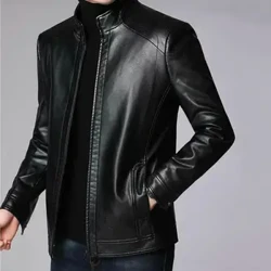 Jaket Kulit Imitasi Pria Bergaya Jaket Motor Kulit Imitasi dengan Kerah Berdiri Zipper Leher Perlindungan Tahan Angin untuk Keren