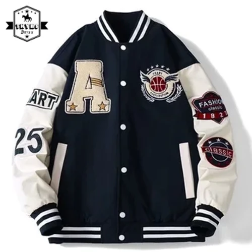 Mens Spring Fall Varsity Siacedi Brodwaith Corea Ffasiwn Rhydd Pêl-fas Unffurf Cwpl Glas Retro Lledr Llewys Bomber Cotiau