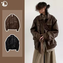 Beic Modur Lledr Siaced Dynion Bomber Peilot Retro Loose Pu Côt Fer Dillad Stryd Achlysurol Siapaneaidd Aml Boced Tuedd Dillad Allanol Newydd