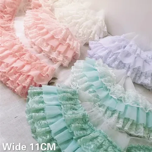 11CM Breet Dräi Schichten Gepléckt Chiffon Stoff Guipure Spëtzebroderie Fringe Band Ruffle Trim Poppen Kleeder Kleed Nähdekor
